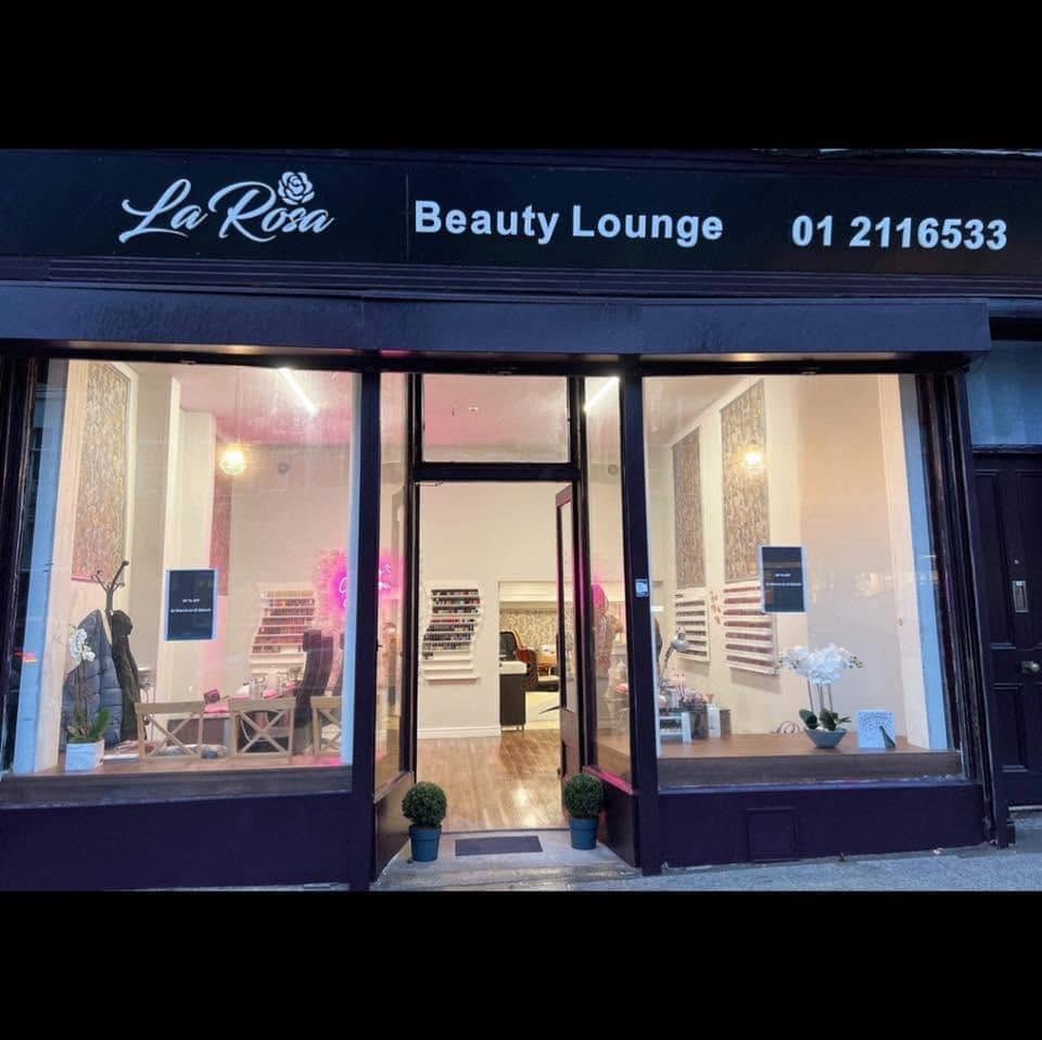 The La Rosa beauty lounge shopfront at 3 Main Street, Bray — black fascia, glass windows and the salon inside